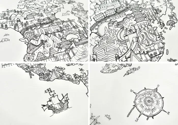 Intricate black and white fantasy maps with castles and ships by Ellie Compton
