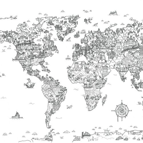 Black and white illustrated map of world landmarks and animals by Ellie Compton