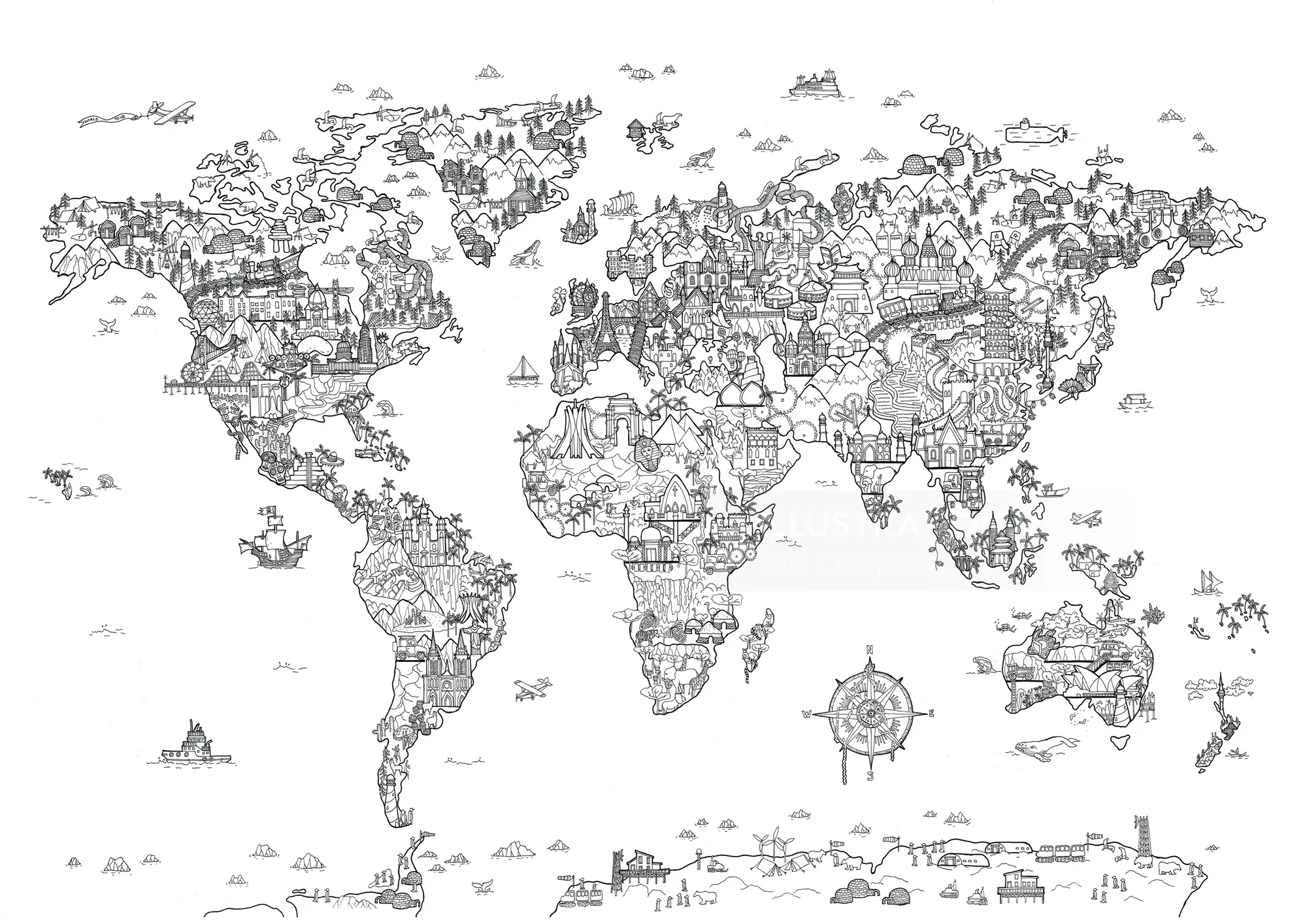 Black and white illustrated map of world landmarks and animals by Ellie Compton