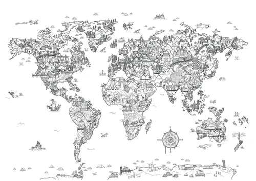 Black and white illustrated map of world landmarks and animals by Ellie Compton