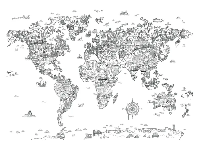 Black and white illustrated map of world landmarks and animals by Ellie Compton