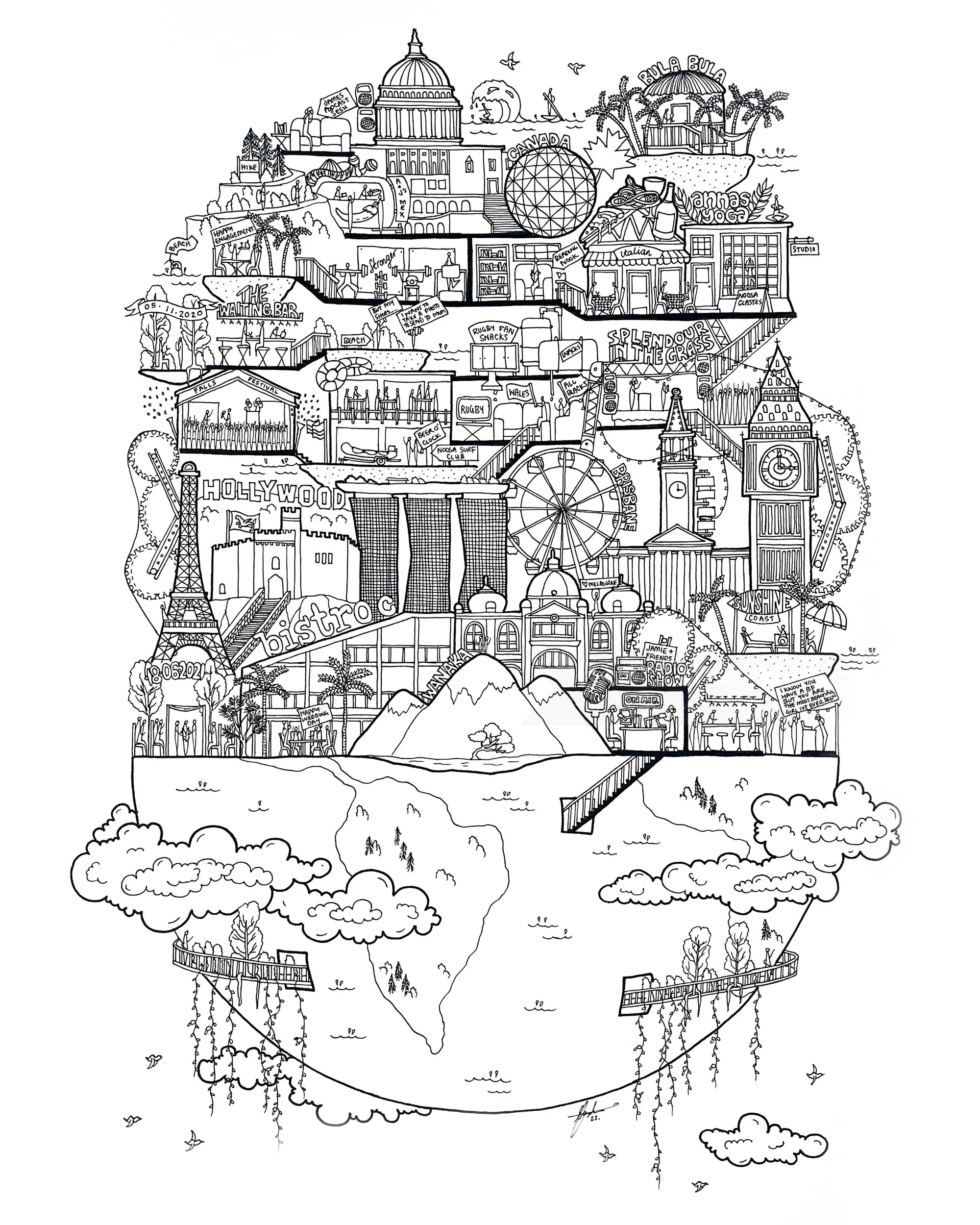 Intricate London landmarks illustration by Ellie Compton in black and white