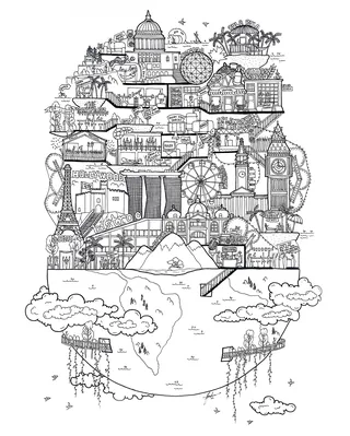 Intricate London landmarks illustration by Ellie Compton in black and white