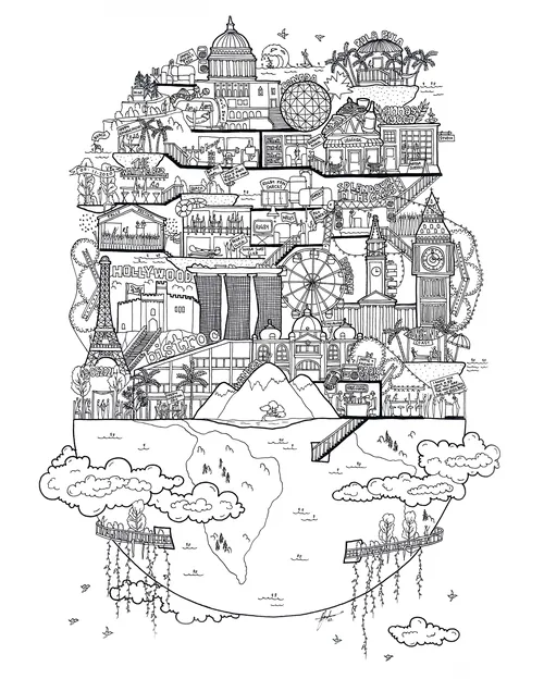 Intricate London landmarks illustration by Ellie Compton in black and white
