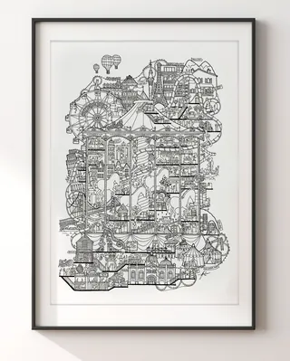 Intricate architectural drawing of buildings and structures by Ellie Compton