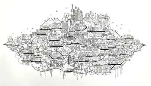 Intricate floating cityscape drawing by Ellie Compton with detailed buildings