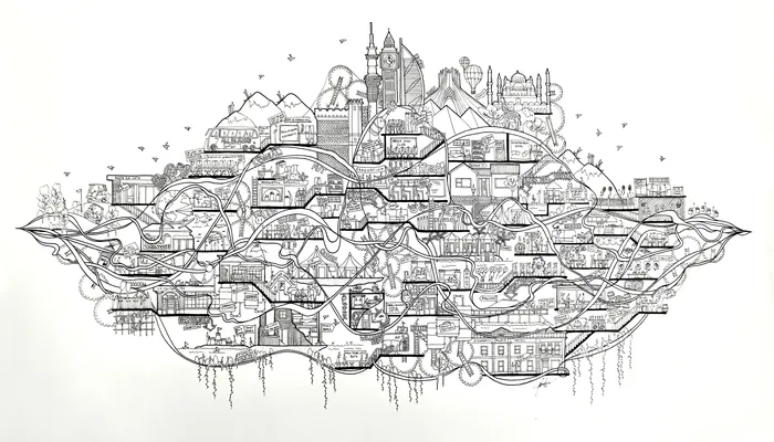 Intricate floating cityscape drawing by Ellie Compton with detailed buildings