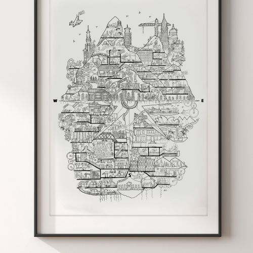 Intricate black and white cityscape drawing by Ellie Compton