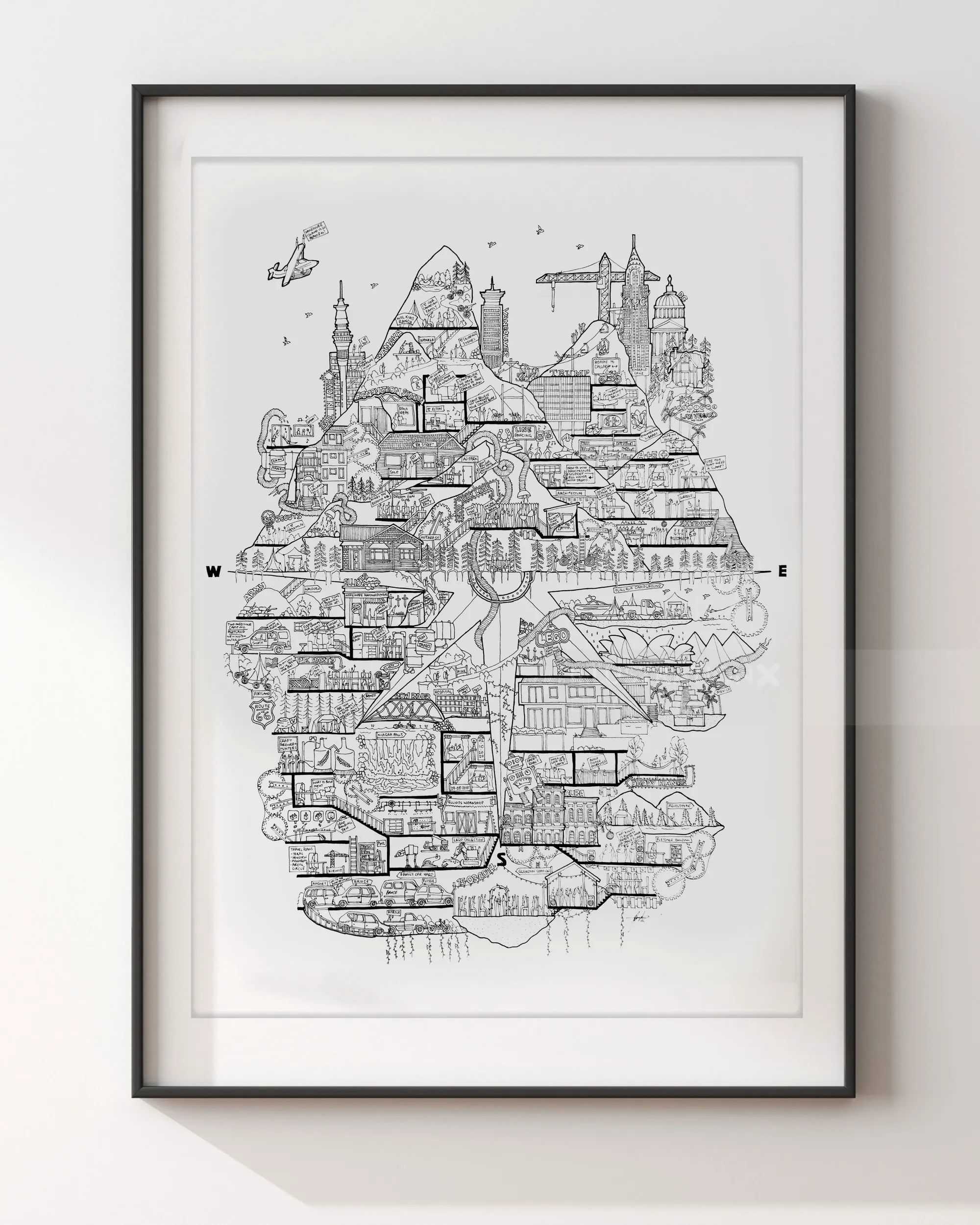 Intricate black and white cityscape drawing by Ellie Compton