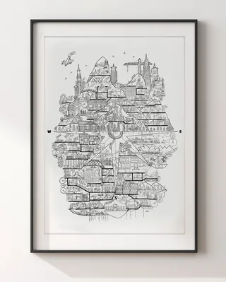 Intricate black and white cityscape drawing by Ellie Compton