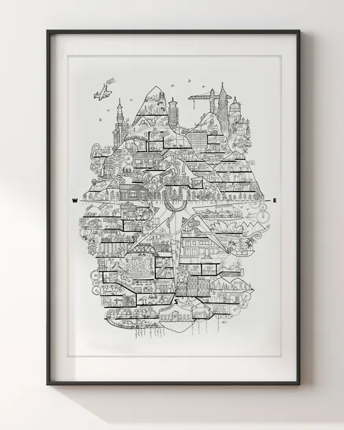 Intricate black and white cityscape drawing by Ellie Compton