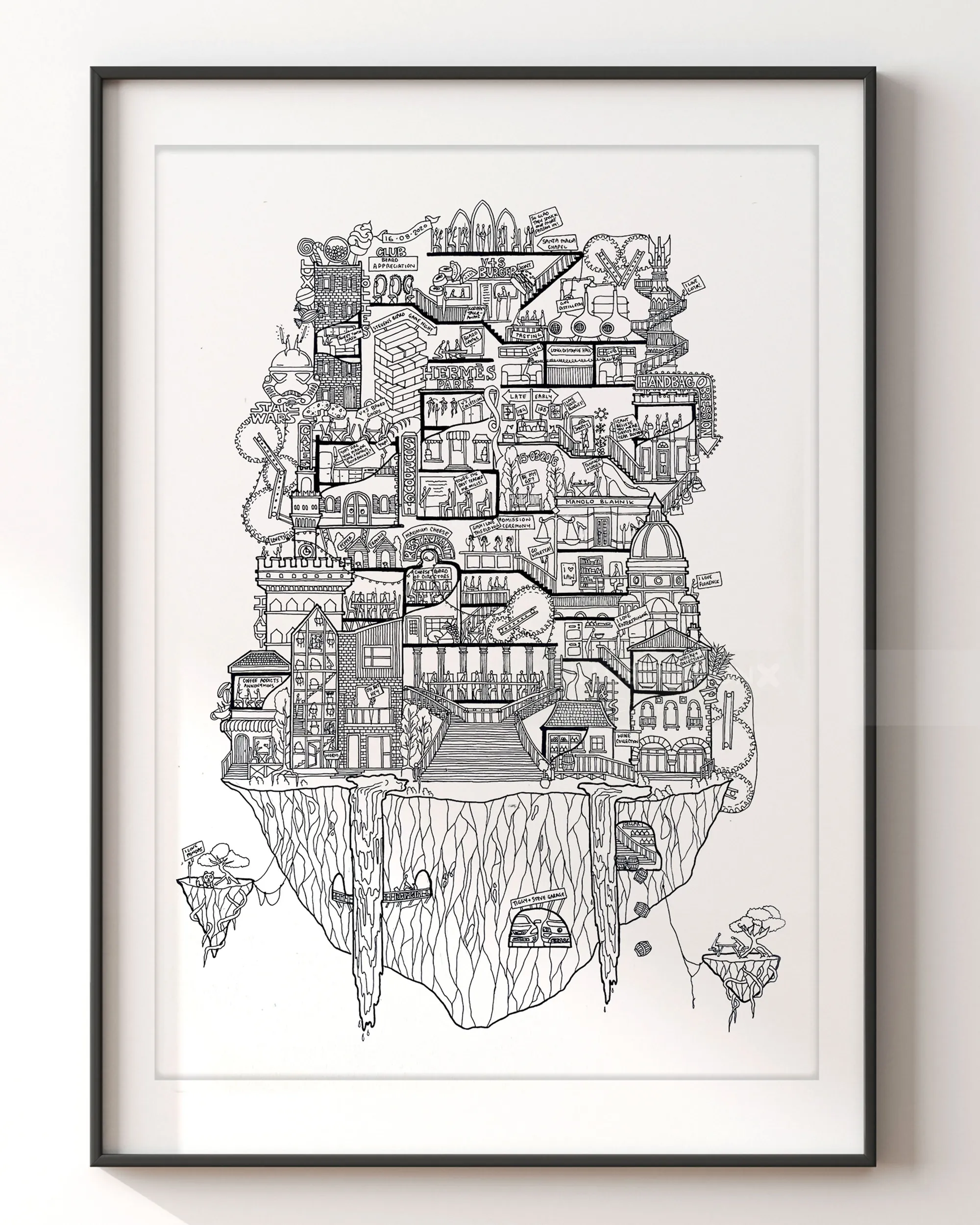 Intricate floating island city illustration by Ellie Compton
