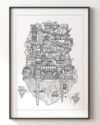 Intricate floating island city illustration by Ellie Compton