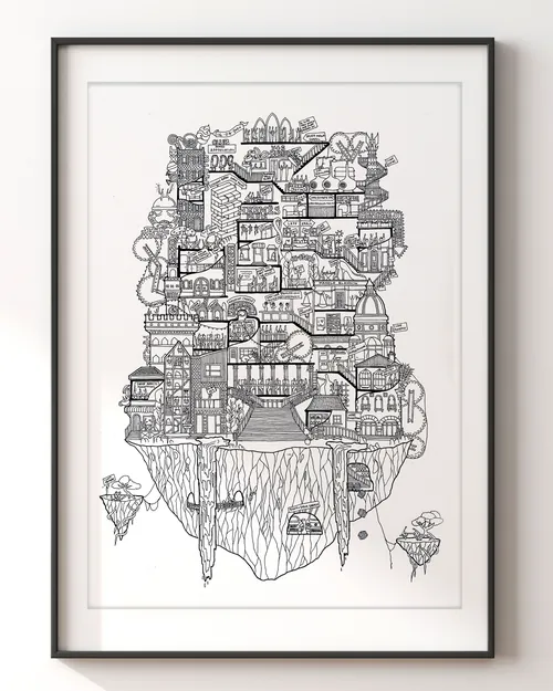 Intricate floating island city illustration by Ellie Compton