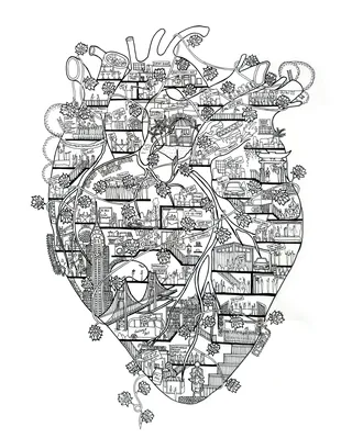 Intricate anatomical heart composed of architectural and landscape elements by Ellie Compton