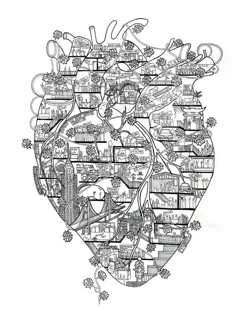 Intricate anatomical heart composed of architectural and landscape elements by Ellie Compton