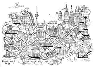 Black and white London landmarks illustration by Ellie Compton