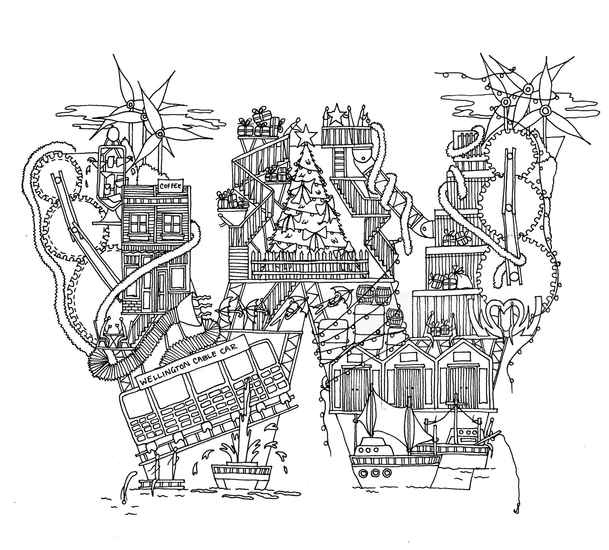 Ellie Compton 绘制的详细黑白线条画，包括建筑物、电车和船只