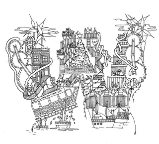 Detailed black and white line drawing with buildings, tram, boats by Ellie Compton