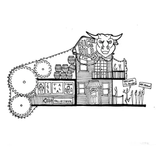 Black and white mechanical bull house illustration by Ellie Compton