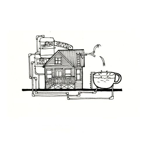 Illustration of a house connected to coffee brewing pipes by Ellie Compton