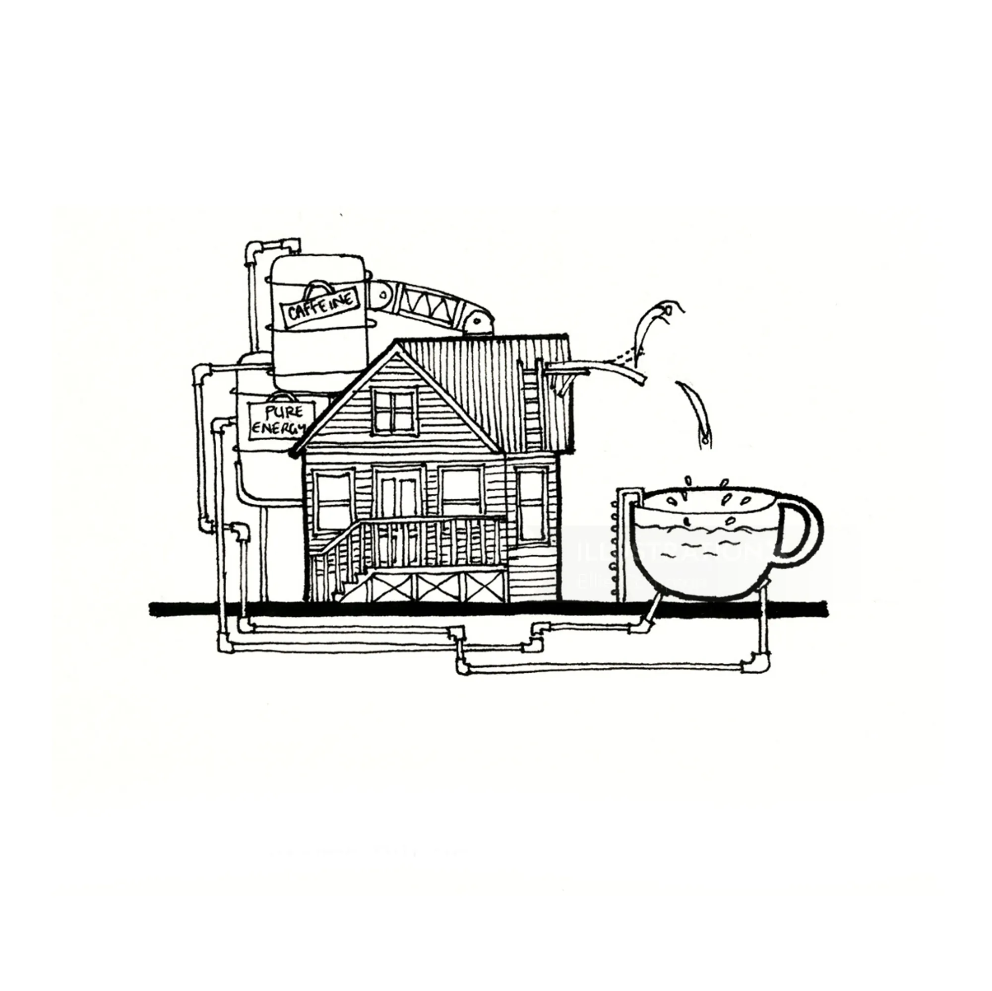 Illustration of a house connected to coffee brewing pipes by Ellie Compton