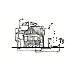 Illustration of a house connected to coffee brewing pipes by Ellie Compton