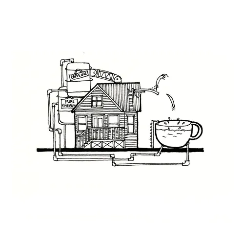 Illustration of a house connected to coffee brewing pipes by Ellie Compton