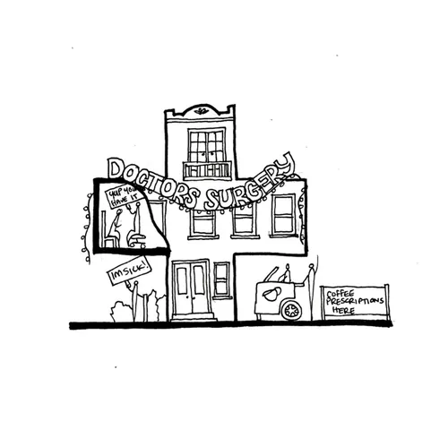 Black and white drawing of a doctor's surgery by Ellie Compton