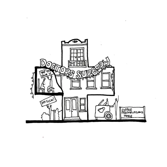 Black and white drawing of a doctor's surgery by Ellie Compton
