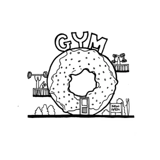 Donut-shaped gym with weights and exercise equipment by Ellie Compton