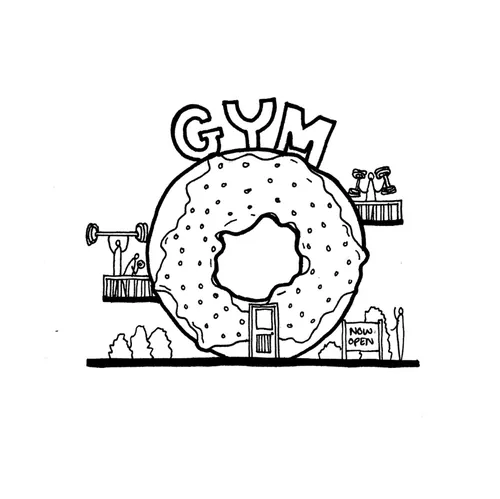 Donut-shaped gym with weights and exercise equipment by Ellie Compton
