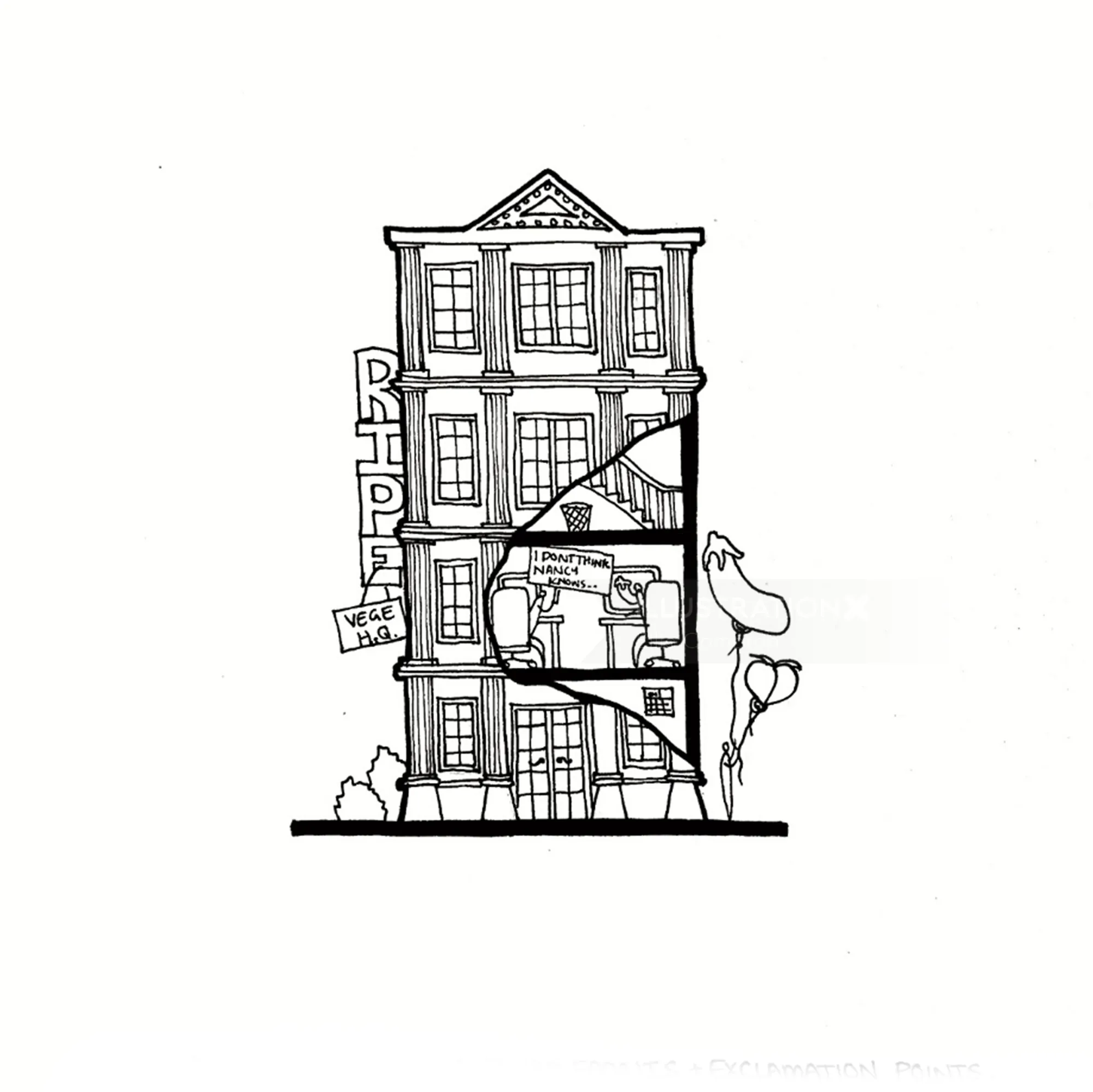 建筑横截面图展示了室内房间和家具，作者：Ellie Compton