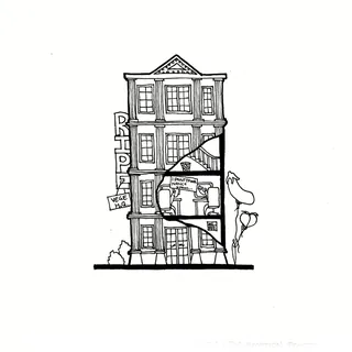 Building cross-section illustration showing interior rooms and furniture by Ellie Compton