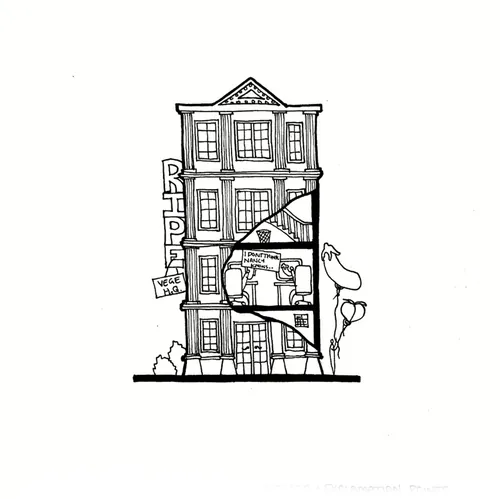 Building cross-section illustration showing interior rooms and furniture by Ellie Compton