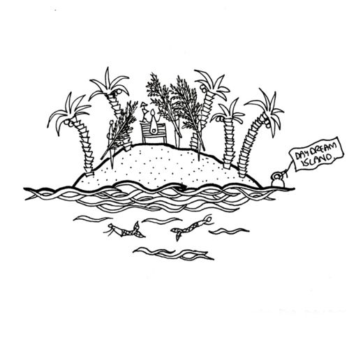 Black and white island drawing with palm trees and swimmers by Ellie Compton