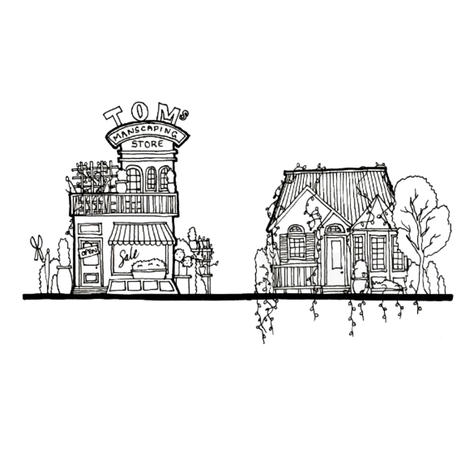 Dibujo lineal de la tienda de Tom y una casa con plantas por Ellie Compton