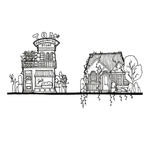 Line drawing of Tom's store and a house with plants by Ellie Compton