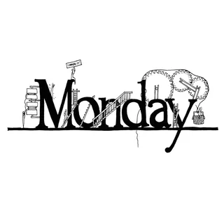 Black and white illustration of Monday word with objects integrated by Ellie Compton