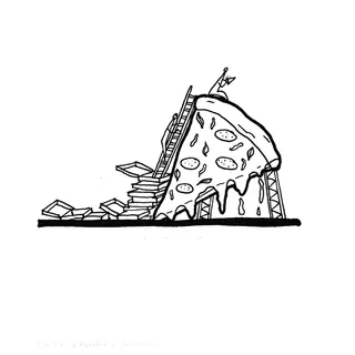 Black and white sketch of pizza slice with stairs, illustration by Ellie Compton