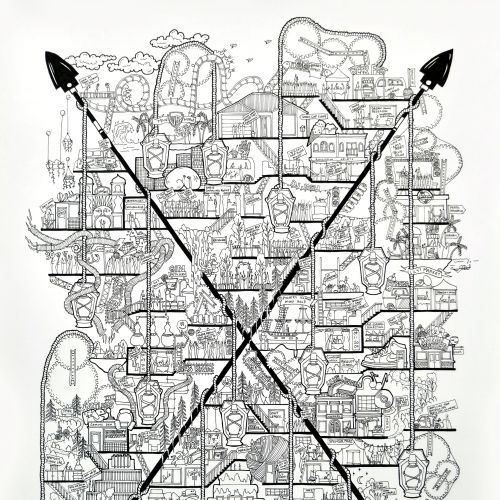 Black and white city map with crossed arrows illustration by Ellie Compton