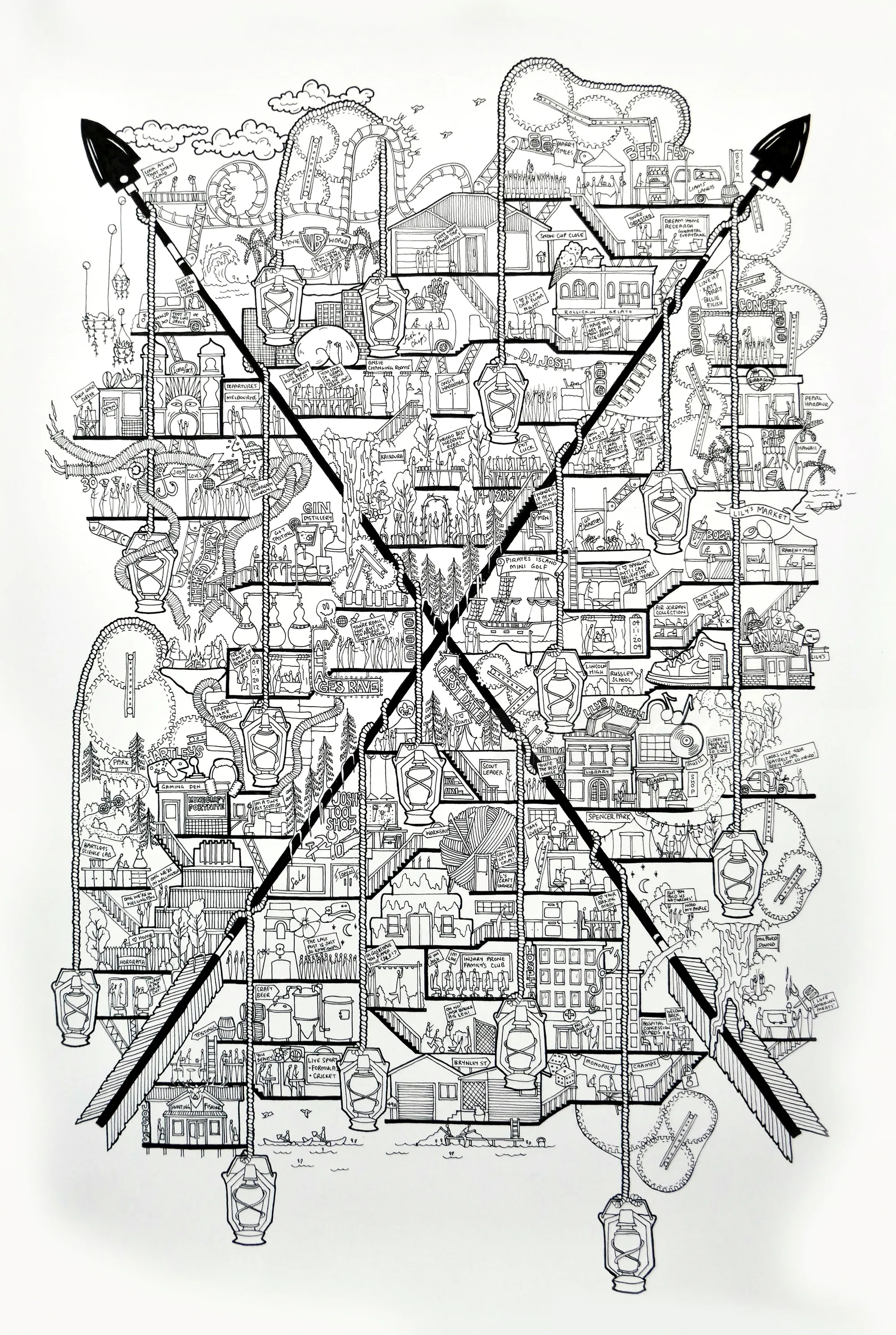 Mapa de la ciudad en blanco y negro con ilustración de flechas cruzadas de Ellie Compton