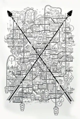 Black and white city map with crossed arrows illustration by Ellie Compton
