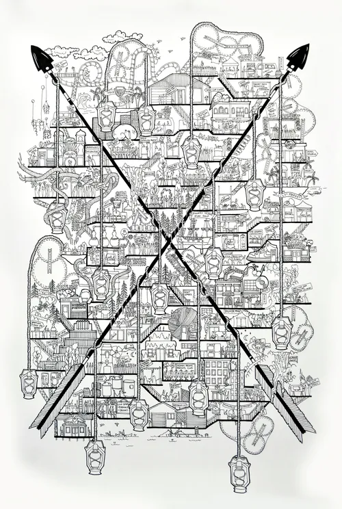 Black and white city map with crossed arrows illustration by Ellie Compton
