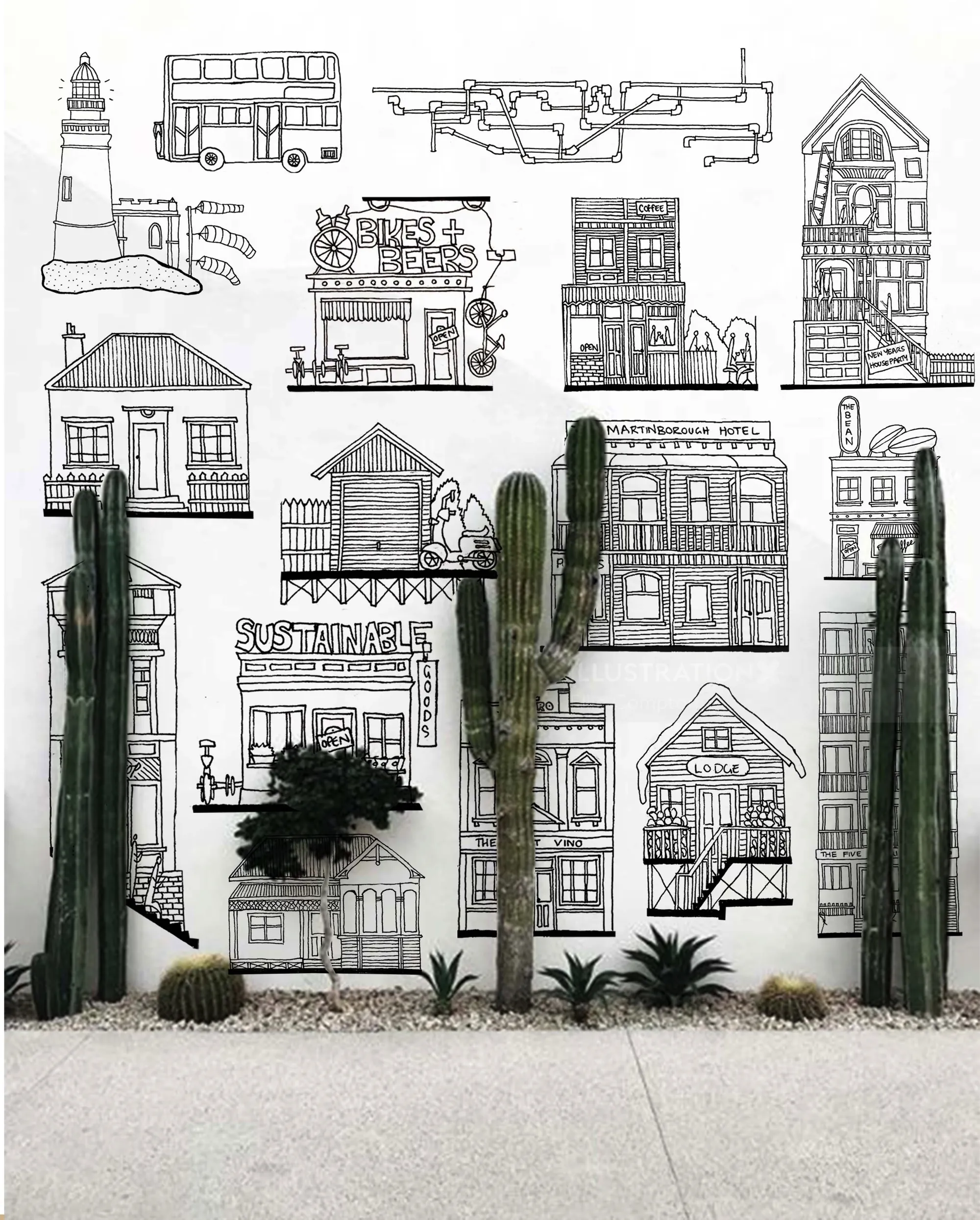 Wall mural with various architectural sketches and cacti by Ellie Compton