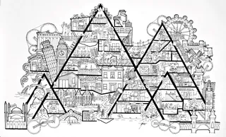 Black and white detailed London landmarks illustration by Ellie Compton