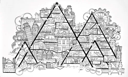 Black and white detailed London landmarks illustration by Ellie Compton