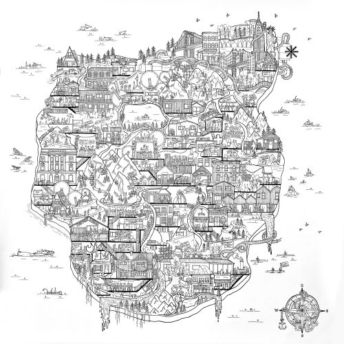 Hand-drawn detailed Scottish castle and village map by Ellie Compton