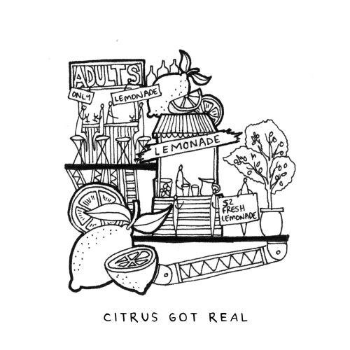 Lemonade stand with citrus fruits and adults only sign black and white drawing