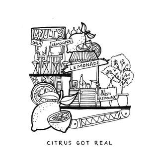 Lemonade stand with citrus fruits and adults only sign black and white drawing